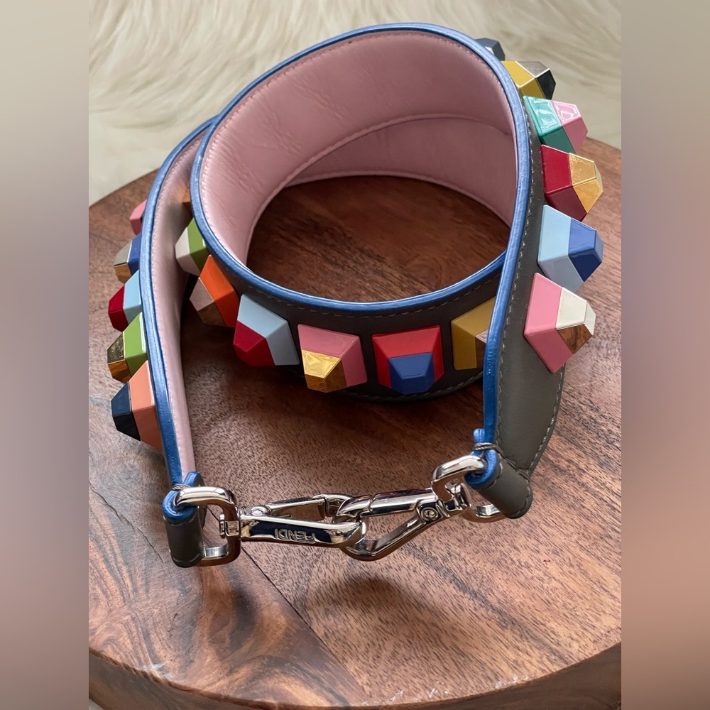 FENDI 35” Strap You Multicolor Stud Gray Leather Shoulder Strap w/COA and Dusty - Picture 3 of 11